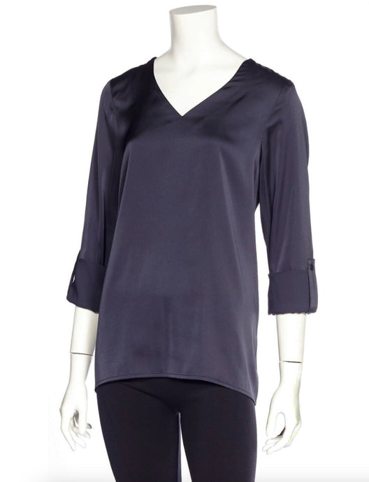 Long Sleeve V-Neck Blouse with Roll-Up Sleeve Tabs