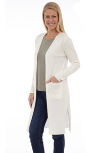 Long Body Open Cardigan With Patch Pockets and Slits at Hem